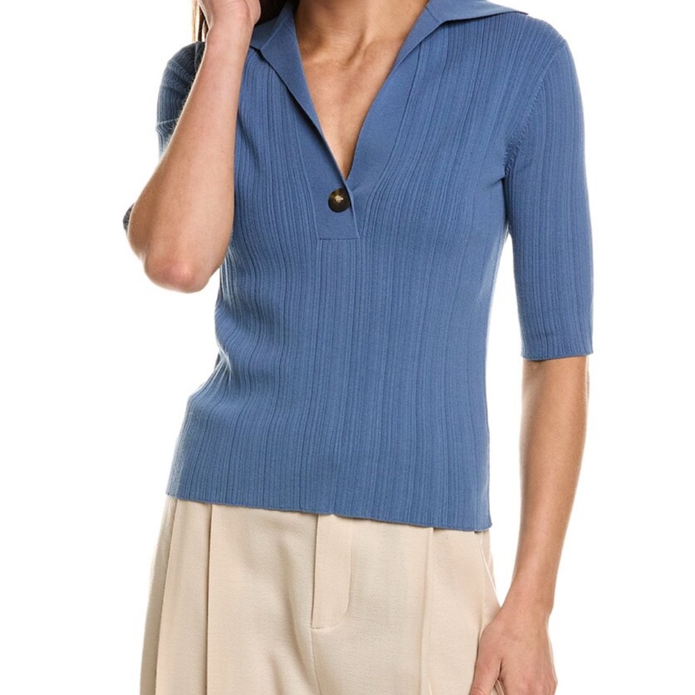 Vince Polo Knit Top Slate Blue Elbow Sleeve Size Small Cotton Blend